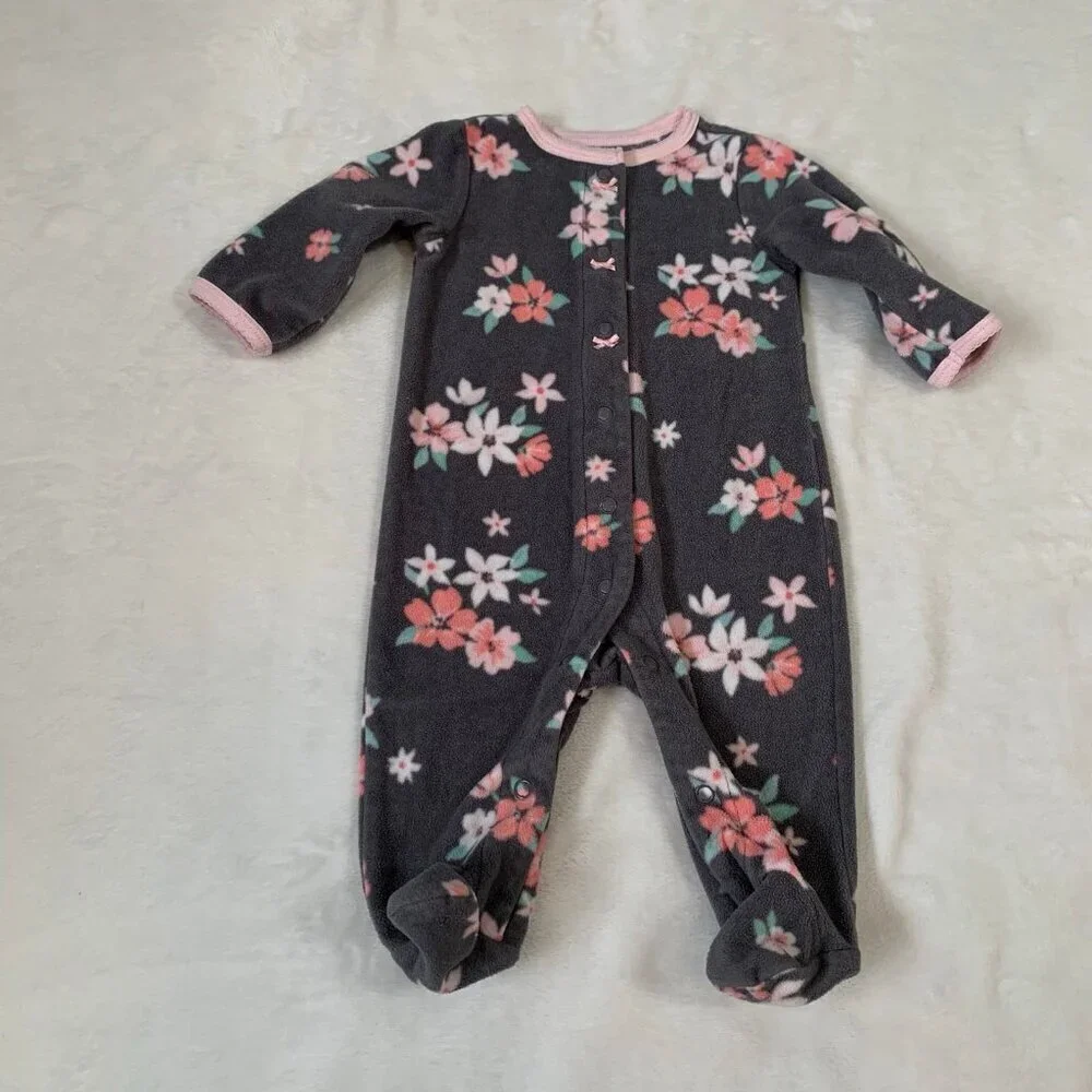 5/$25 Carter's Fleece Footed‎ Sleeper Girl 3M Gray Pink Floral Snap Front Bows